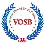VOSB Veteran Owned Small Business certification logo with blue laurel wreath and red text