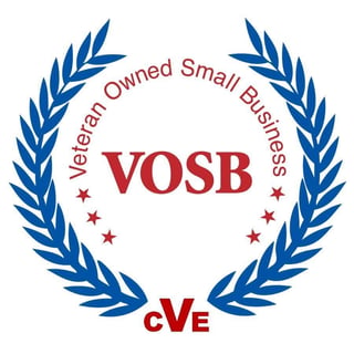 VOSB Veteran Owned Small Business certification logo with blue laurel wreath and red text